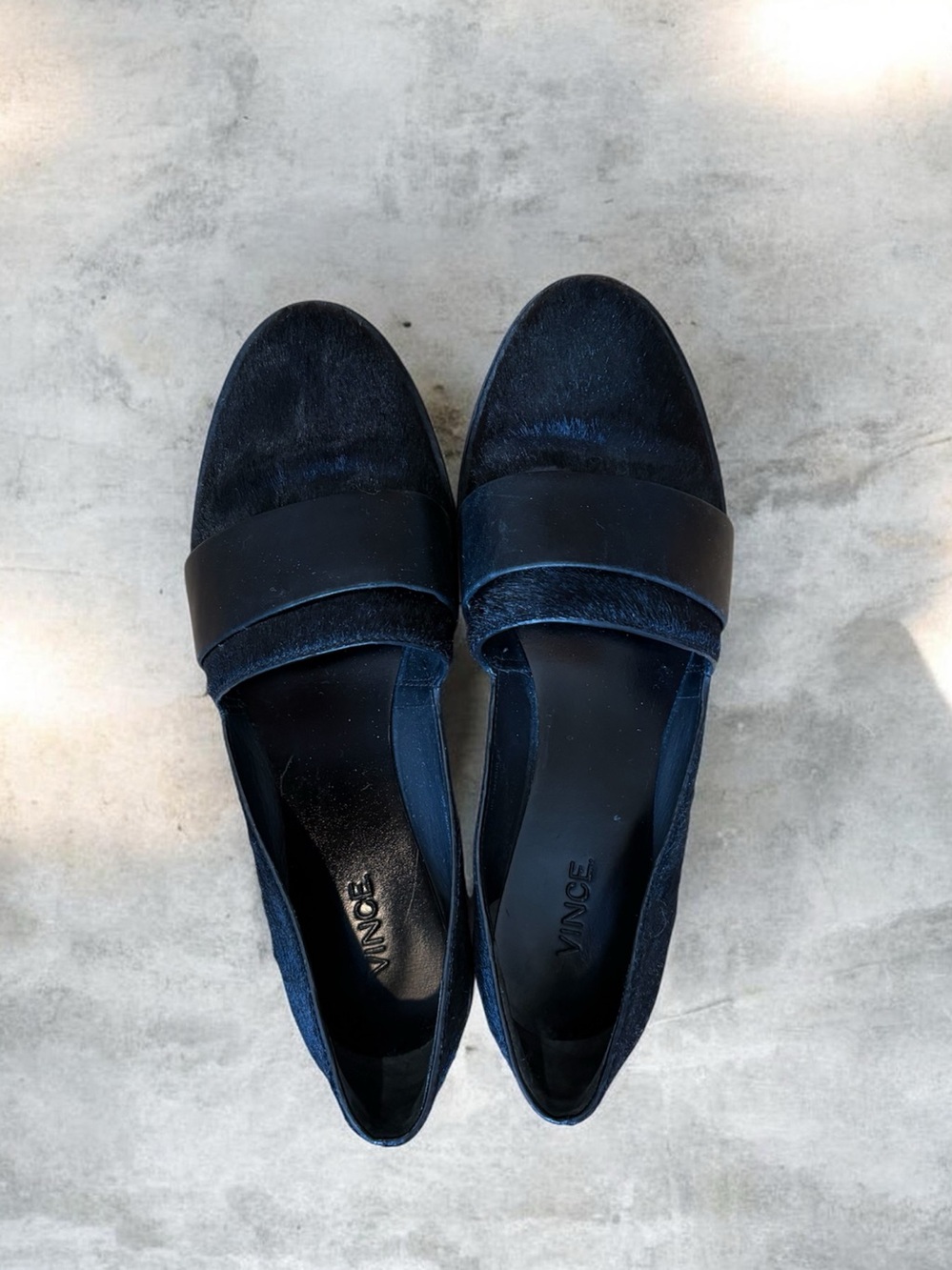 Vince Mason Loafers, black leather and calf hair, slip on style, 7/37